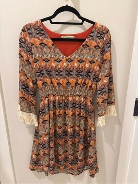 Callie Mac Brand Orange Patterned V-Neck Dress Fringe Bell Sleeves